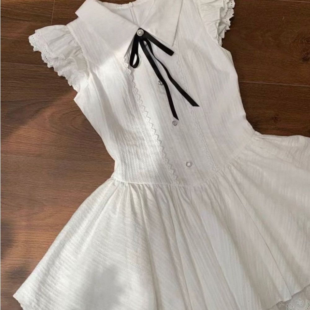 White Lace Sleeve Button-Front Dress with Black Ribbon